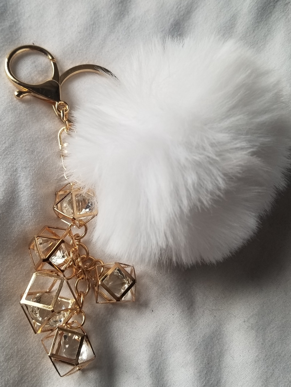 White Faux Fur Pom & Gold Crystal Cube Keychain Charm